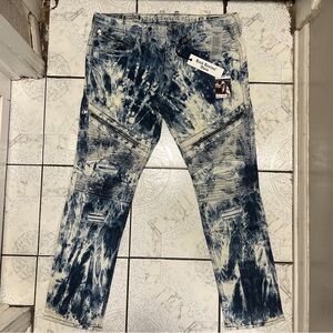 New Rock Revival Moto “Daviday” Blue Tie Dye Zipper Stretch Jeans Men’s Size 38